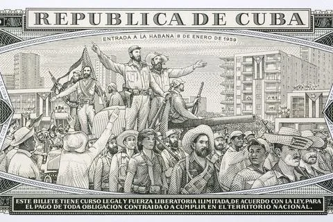 Fidel Castro and his men entering Havana from Cuban money Stock Photos