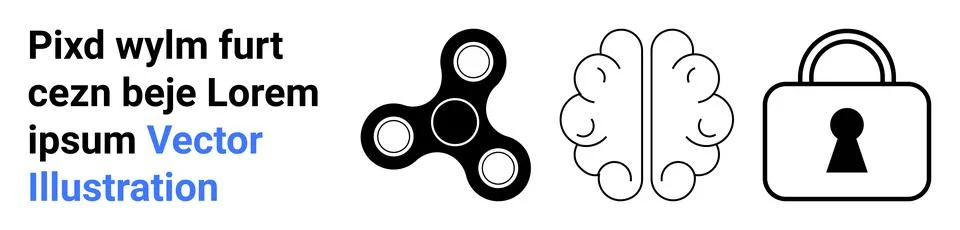 Fidget spinner alongside a brain outline and lock icon. Ideal for stress reli Illustrazione stock