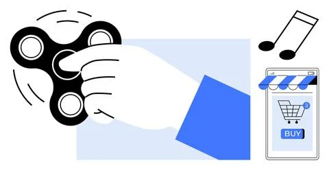 Fidget Spinner in Hand with Mobile Shopping and Music Notes Icon Stock Illustration