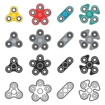 Fidget spinner toy vector color and line icon set Stock Illustration