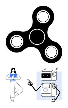 Fidget Spinner, Yoga Pose, and Robot Illustration for Relaxation and Technolo Stock Illustration
