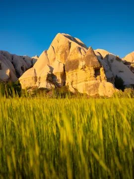 A field and a high mountain during sunset. Lines of mountains and rocks again Stock Photos