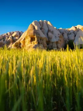 A field and a high mountain during sunset. Lines of mountains and rocks again Stock Photos