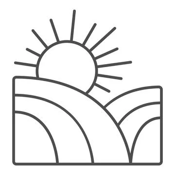 Field and sun thin line icon, farm garden concept, sunrise sun on field sign on Illustrazione stock