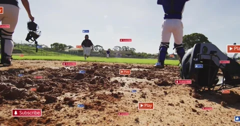On field, baseball players practicing with animation of social media icons Stock Footage 327846745