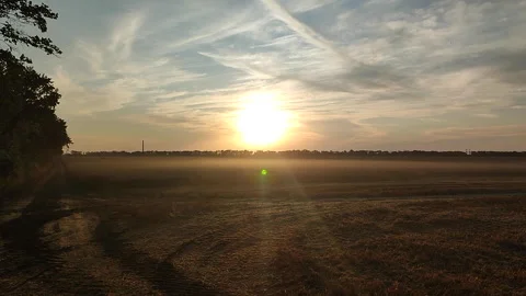 Field with cloud of dust after harvest on sunny summer evening during sunset. Stock Footage 328405601