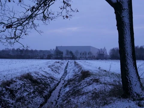 Field covered in snow with street in the background and tree Видео 342543726