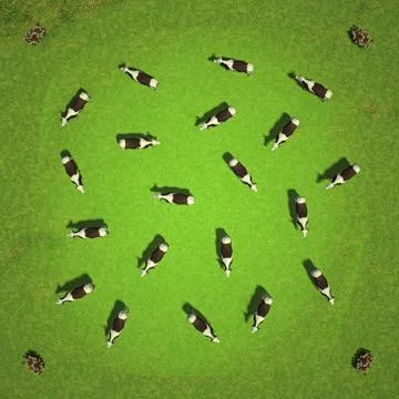 Field with cows top view 3D rendering Illustrazione stock