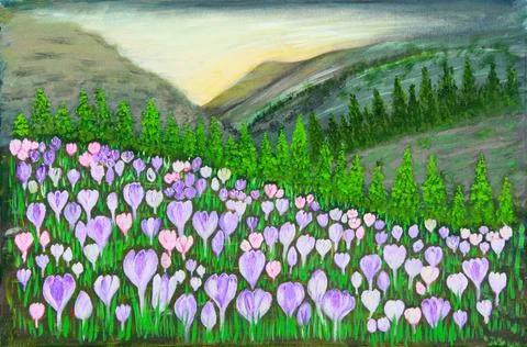 Field of Crocus blooming on hillside Stock Illustration