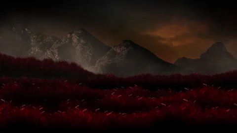 Field of Dark Red Grass and Black Mountains 4K Loop Stock Footage 311588906