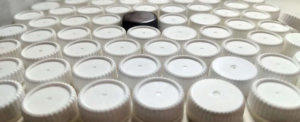 A field densely packed with white plastic bottle caps, with one dark brown .. Stock Photos