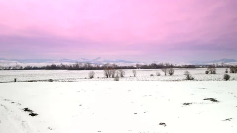 Field during winter with pink sunset sky Stock Footage 152622056