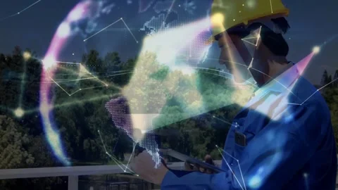 Field engineer lifting sensor and tapping tablet initiating 3D network globe Stock Footage 328360795