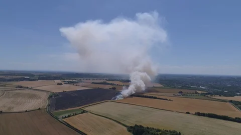 Field on fire with firefighters (drone) Video stock 92085143