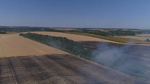 Field on fire with firefighters (drone) Stock Footage 92088732
