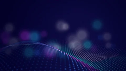 A field of glowing undulating blue and purple dots forms a dynamic wave patt Stock Footage 340678262