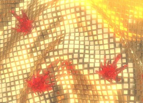 Field of Golden cubes in space with red precious crystals. Top aerial view. 3d Stock Illustration