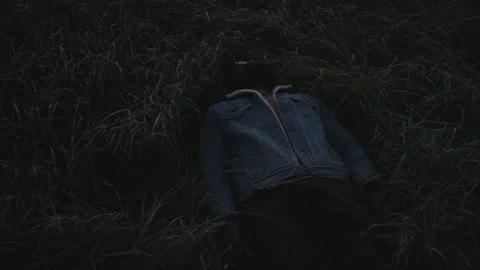 Field grass close-up shot with a figure lying down at dusk Stock Footage 319970537
