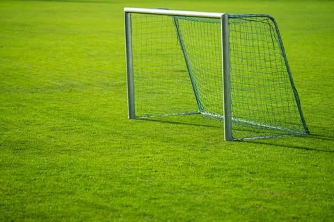 Field grass creates green backdrop. Soccer field shows empty goal. Field texture Stock Photos