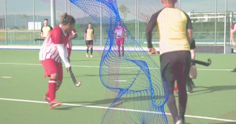 Field hockey forward tapping ball at circle driving yellow midfielder dribbling Stock Footage 318011213
