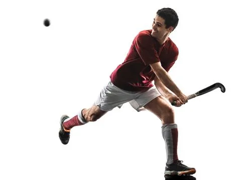 Field hockey player man isolated silhouette white background Stock Photos