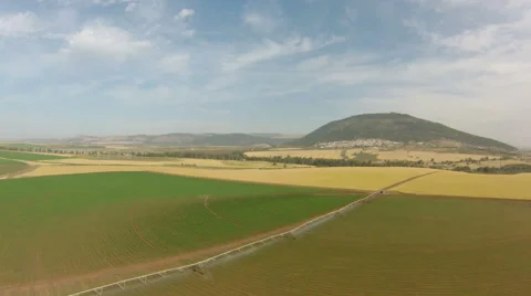 Field irrigated by a pivot sprinkler system, aerial shoot Video stock 44058719