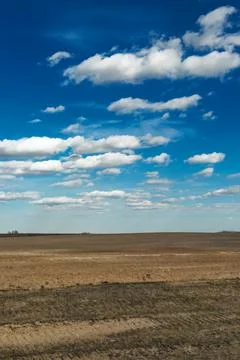 The field is a patchwork of brown and the sky is a gradient of blue. Fotos de archivo