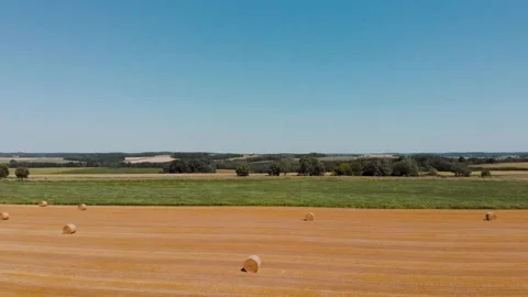 Field With Rolling Haystacks and Corn Field Aerial 4K Stock Footage 233297030