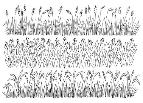 Field set graphic black white landscape sketch illustration vector Stock Illustration
