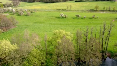 Field with a small river by the road Stock Footage 154339595