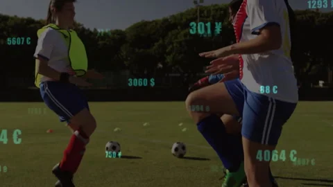 On field, soccer players practicing with animation of currency symbols 動画素材 303422292