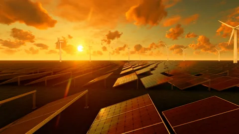 Field of solar panel and electric mill at sunset Stock Footage 148485310
