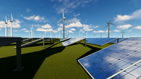 Field of solar panels and wind turbines Stock Footage 235998264