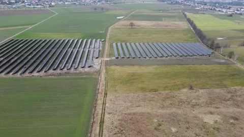 Field with solar panels from the bird flight view Stock Footage 237186777