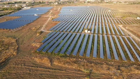 Field of solar panels view from above at sunset Stock-Footage 159405739