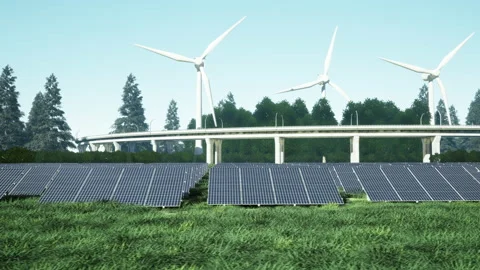 Field of solar panels with wind generators in the background Stock Footage 134328789