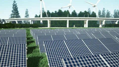 Field of solar panels with wind generators in the background Video stock 134328862