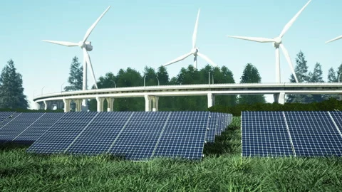 Field of solar panels with wind generators in the background Stock Footage 134328871