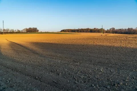 Field in spring ready for sowing wheat in the morning light Stock Photos