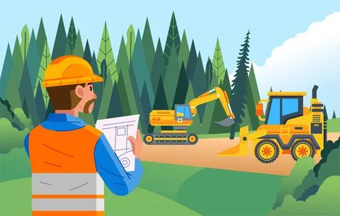 A field supervisor supervises a land clearing project with heavy equipment fo Stock Illustration