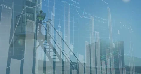 Field tech climbing stairs, checking device after data update while live charts Stock Footage 332296566