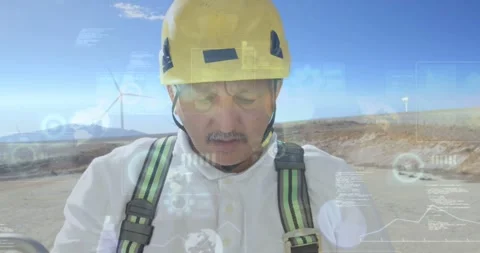 Field tech glancing down, checking chest unit for data, adjusting harness, HUD Stock Footage 334034754