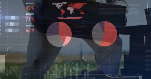 Field tech lifting case on grass, causing animated charts and gauges updating Stock Footage 331006079