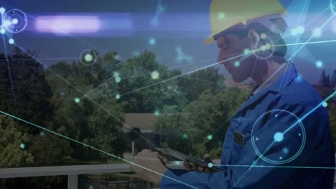 Field tech at railing using tablet, tapping with HUD appearing and mapping Video stock 333967999
