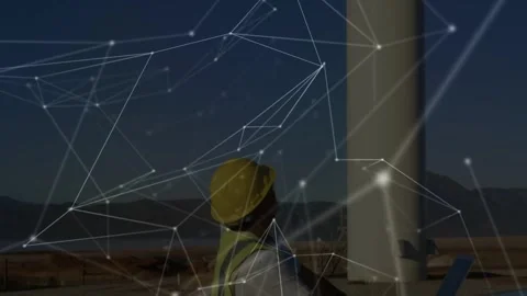 Field tech using laptop on vehicle, node mesh appearing and linking systems Stock Footage 332523100