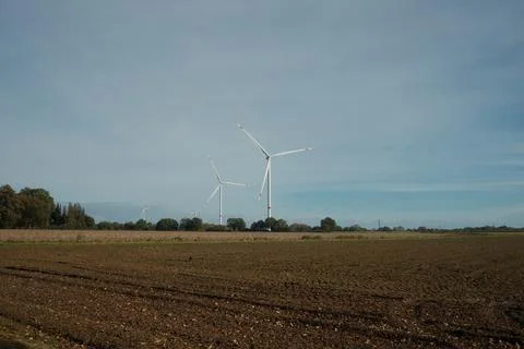 A field with two wind turbines in the background Stock Photos