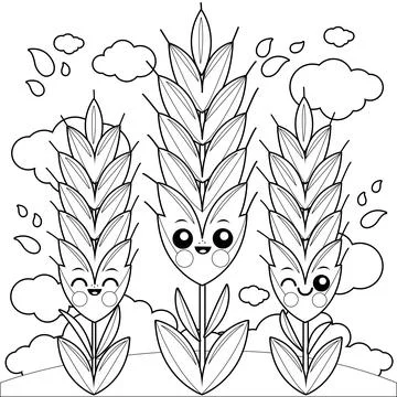 Field with wheat characters. Vector black and white coloring page. Stock Illustration