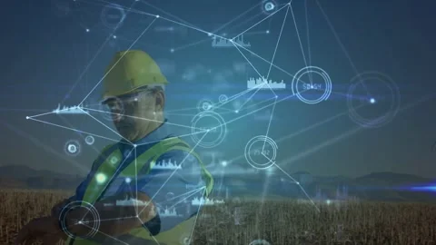 Field worker entering, checking wrist while data charts aligning around wrist Stock Footage 332566088