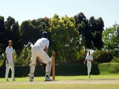 Fielder throwing ball to wicket keeper during cricket match Stock Footage 78639894