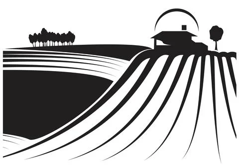 Fields and barn in black and white. Stock Illustration
